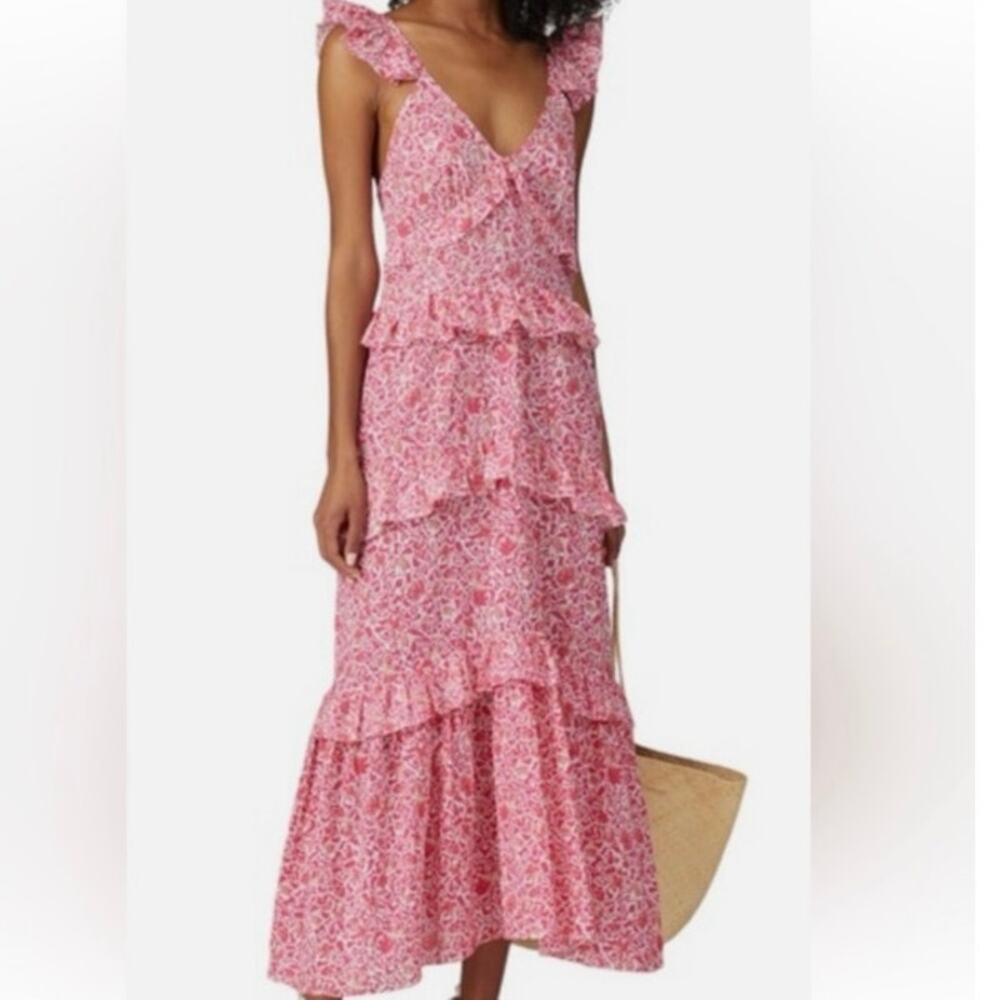 Misa Los Angeles Size M Morrison Dress Pink Animal Floral Tiered Ruffled USA - Picture 2 of 8